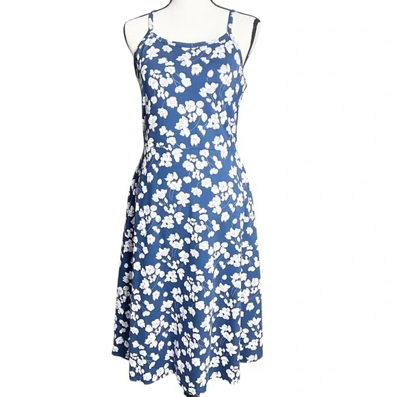 Pact Blue Floral Organic Cotton Sleeveless Fit & Flare Midi Dress Size L - Picture 1 of 11